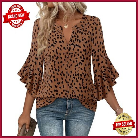 Chiffon Ruffle Sleeve V-Neck Blouse 3/4 Sleeve Button Down - Picture 2 of 8